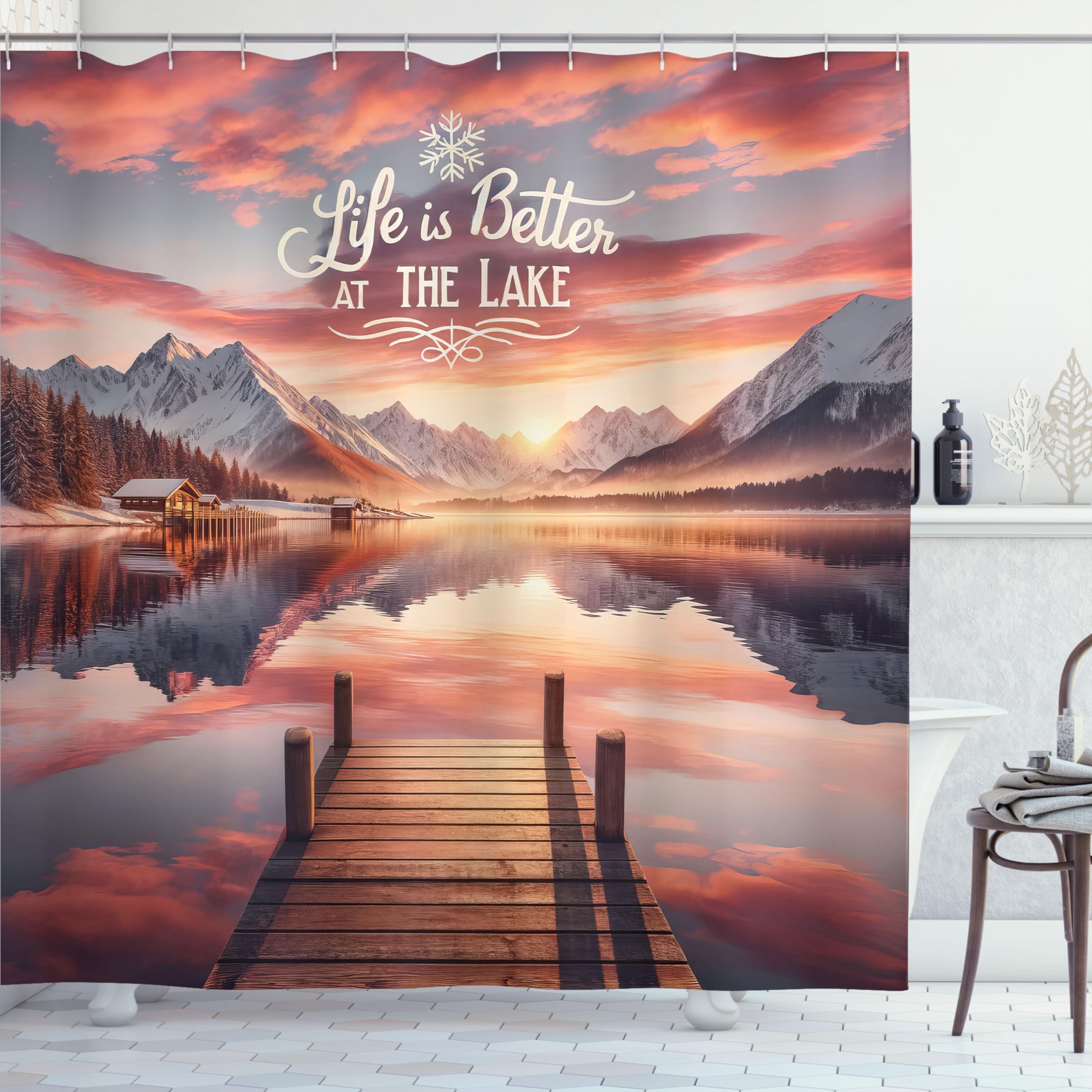 Ambesonne Lake Shower Curtain, Mesmerizing Sunset Scenery Mountains Cloud Reflections Life Is Better Saying, Cloth Fabric Bathro